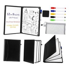 6 Sides Dry Erase Notebook Portable Whiteboards Notepad A4: 9" 12  Black