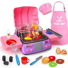 Kids BBQ Grill Playset with Coooking Apron Hat Toddler Girl Pink Kitchen Toy ...