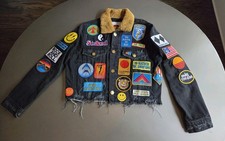 Aviator Nation Vintage Patch Black Denim Crop Jacket Size Small Made In USA