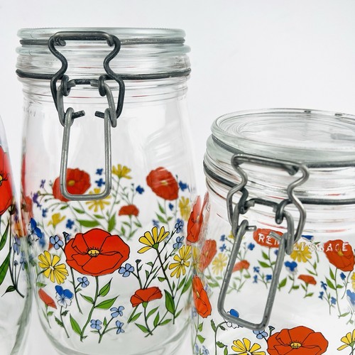 JUEGO DE 3 botes vintage de arco Francia paca de vidrio tarro de alambre flores de amapola R Carman - Imagen 7 de 13