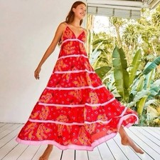 Farm Rio Tiki Bananas Dress Small Red Pink Yellow Print Tiered Maxi Dress