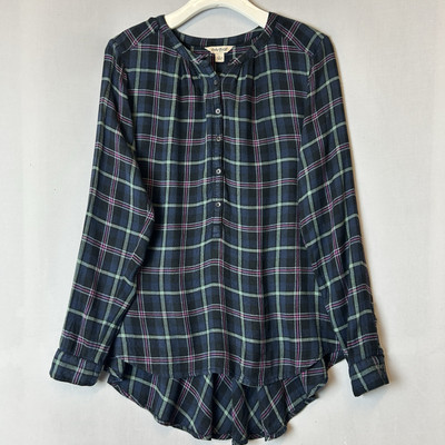 Lucky Brand Top Women Large Plaid Tunic Blouse Button Down Drop Tail Long Sleeve
