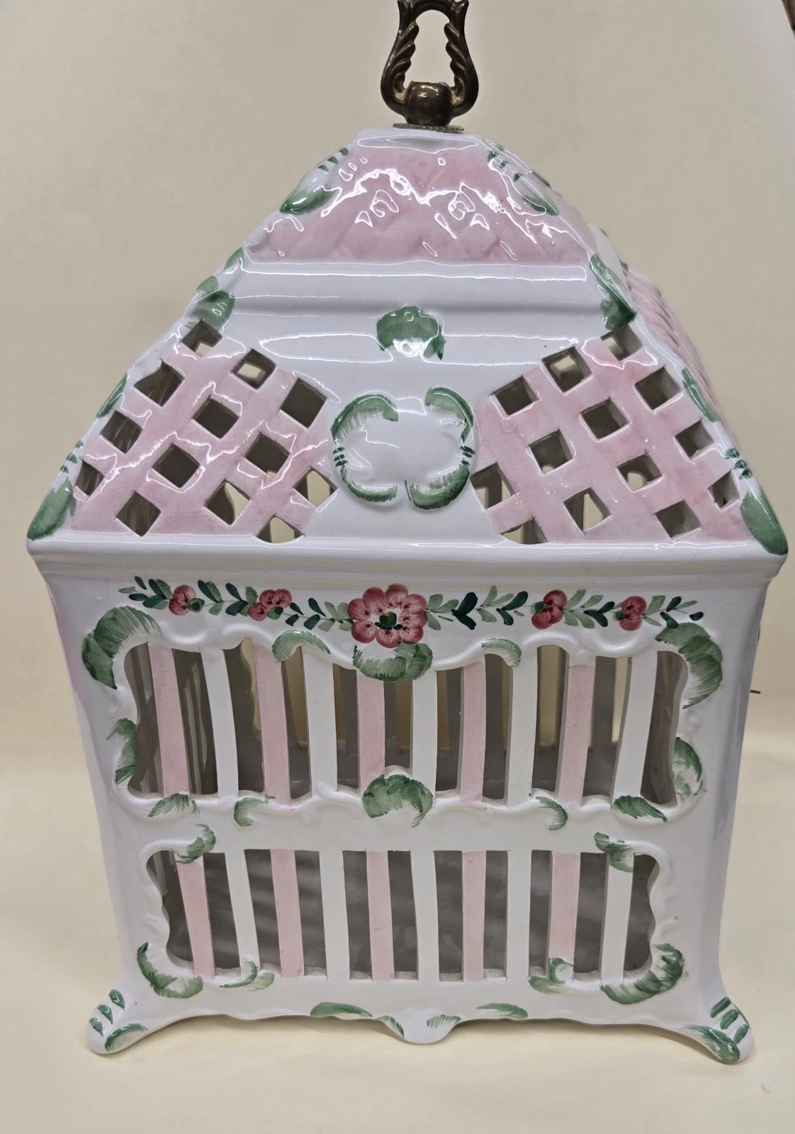 Vintage Hand Painted Pink Floral Decorative Ceramic Bird Cage Made in Italy 12"