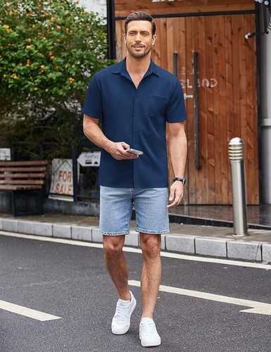 COOFANDY Men's Casual Button Down Shirt Short Sleeve Regular Fit Untucked Knit - Picture 3 of 6