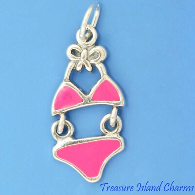 Pink Enamel Movable Bikini Two-Piece Swimsuit 925 Solid Sterling Silver Charm
