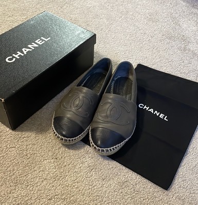 Authentic CHANEL Leather Color-Block  Espadrilles, size 37, green and black