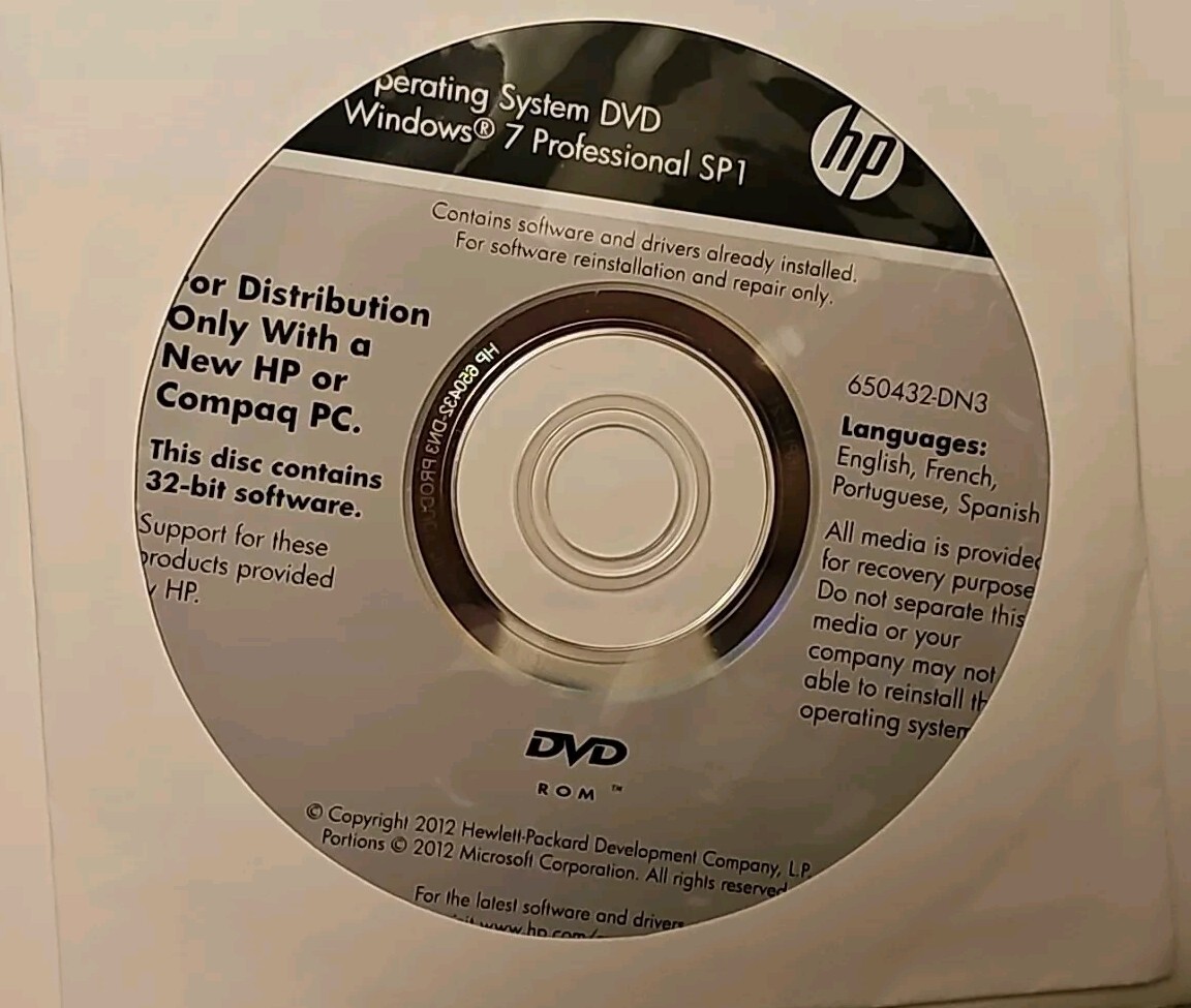 HP Operating System DVD Windows 7 Professional SP1 32-Bit ...