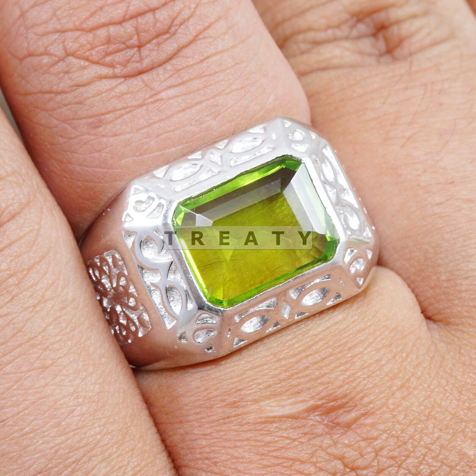 Peridot Emerald Cut Gemstone With 925 Sterling Silver Ring For Men's #B766 *