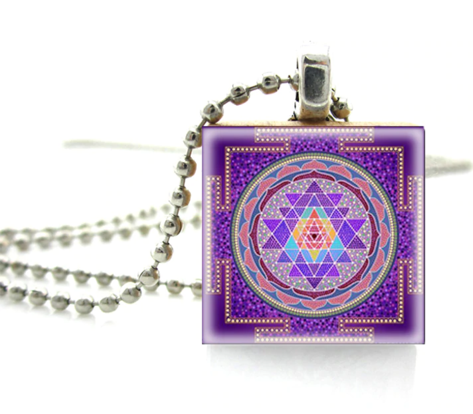 Collier Pendentif Mandala Sri Yantra En Bois Violet - Méditation, Réglable, Argenté