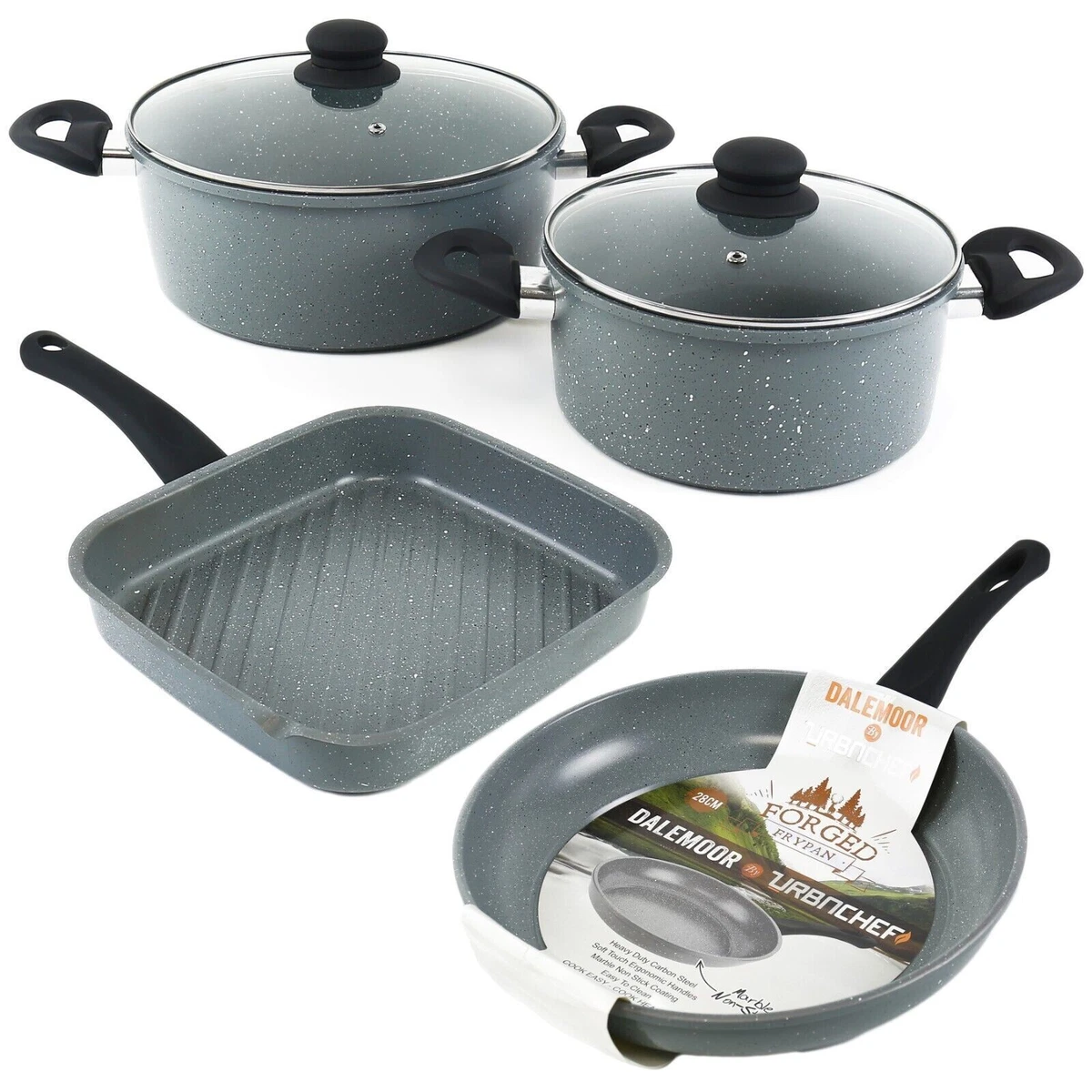 4pc Grey Marble Carbon Steel Cookware Set Non Stick Cooking Pot Frying Grill Pan