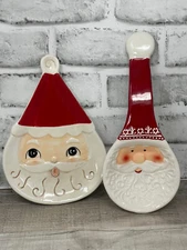 Set of 2 Holiday Christmas Santa Transpac Spoon Rest & Small Tray Plate