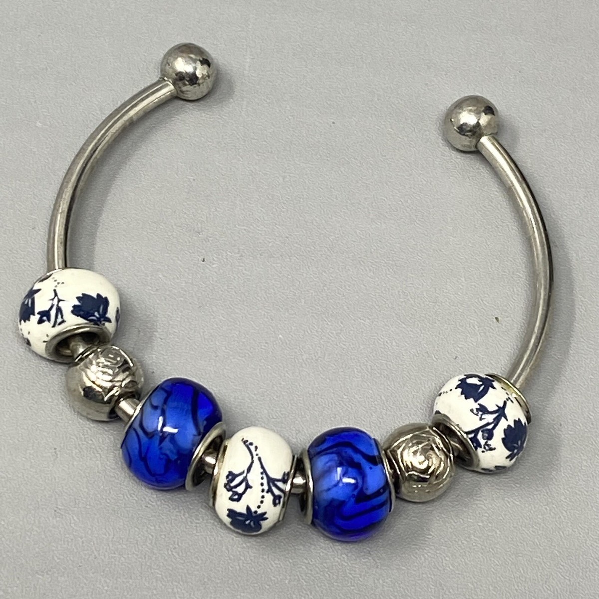 Charm Bracelet Cuff Blue Flower White Glass Slider Open End European Style 
