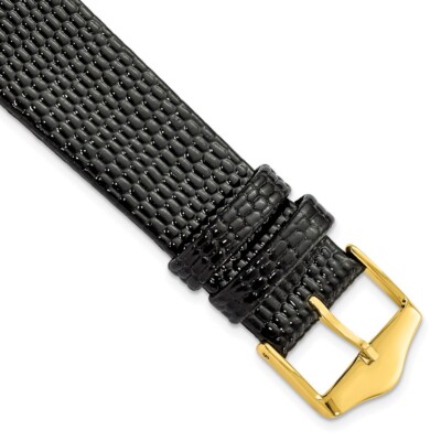 18mm 7.5'' Flat Black Lizard-Style Grain Leather Gold-tone Buckle Watch Band