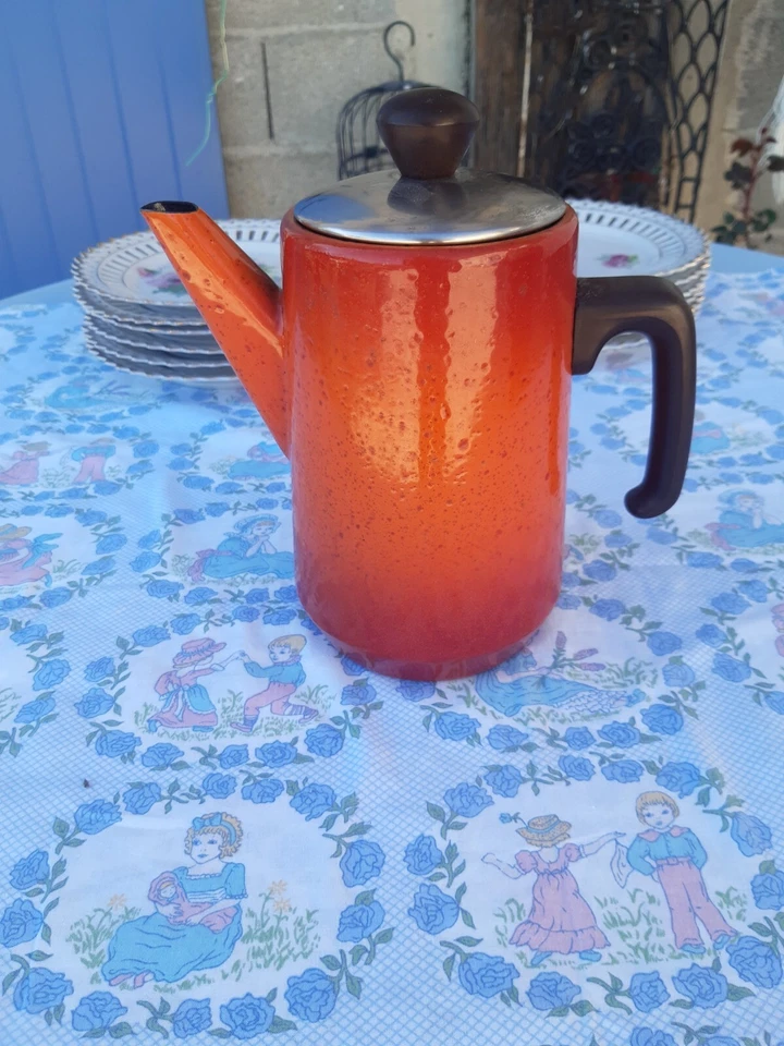 cafetiere metal emaillé ancienne vintage orange tachetée - Photo 3/4