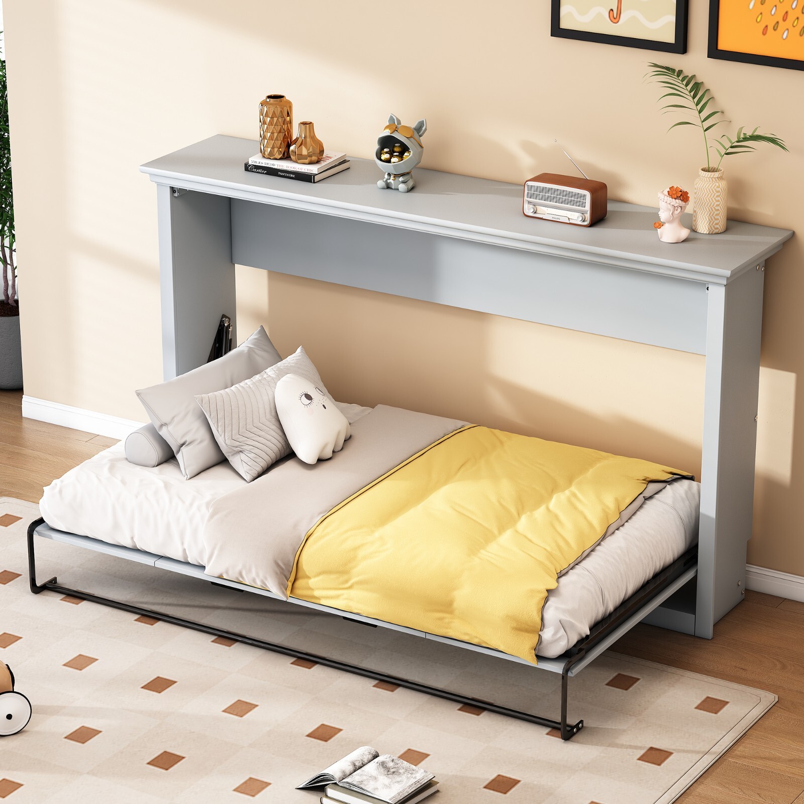 Twin Size Gray Wood Murphy Bed Frame Folds into Cabinet  -image