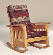 Amish Mission Arts and Crafts Rocking Chair Bow Arm Slat Rocker Wood Upholstered