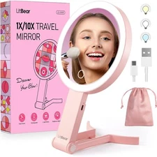 Travel Makeup Mirror with Lights Rechargeable Double-Sided 10X/1X Magnifying ...