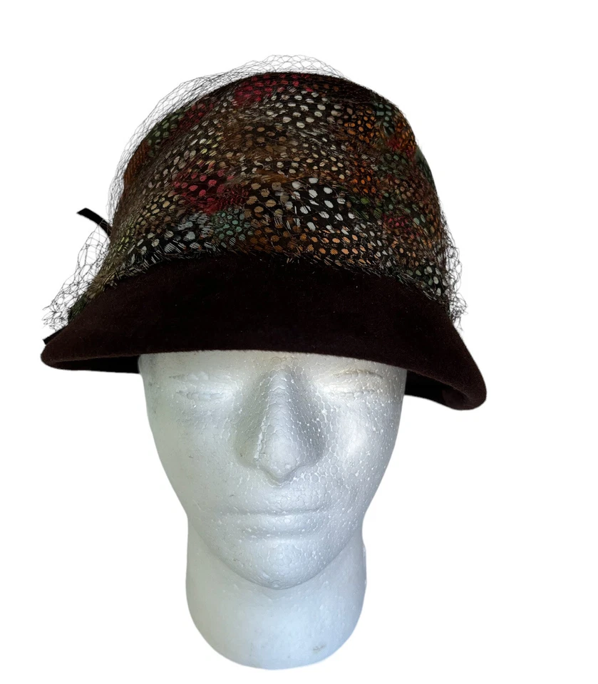 Vtg Merrimac Peachbloom Velour Imported Fur Fedora Hat Feathers 1930s Union Made - Image 3 of 4