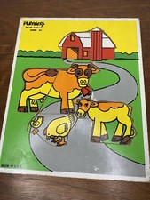 Vintage Playskool Farm Wooden Tray Puzzle #186-02 Barn Cow Made in USA Wood