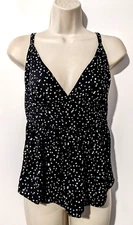 Leith Women's V-Neck Dot Peplum Spaghetti Strap Tank Sz M Black/White Polyester