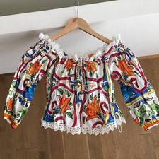 DOLCE & GABBANA Majolica Print Off-Shoulder Blouse Lace Trim Italy 36 Rare