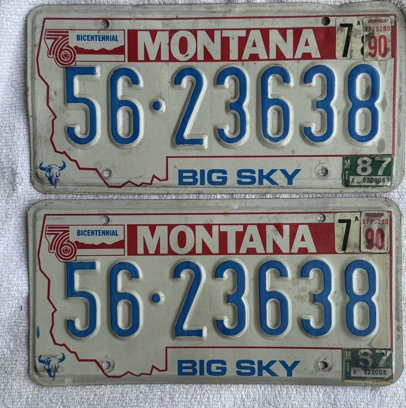 Pair Vintage 76 MT Bicentennial License Plates 2 1976 Montana 87 90 Stickers