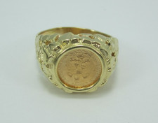 STYLISH 14K YELLOW GOLD NUGGET STYLE 1945 DOS PESOS COIN RING (SIZE 14)    12.5G