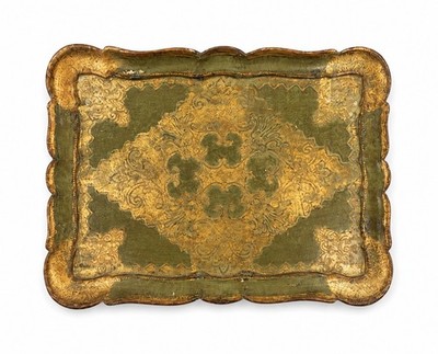 Vintage Green Gold Florentine Italy Italian Scalloped Tray 14  X 10  Weathered