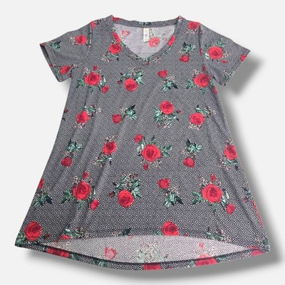 LuLaRoe Womens SMALL Black & White Diamonds with Red Roses Soft Knit Christy Tee