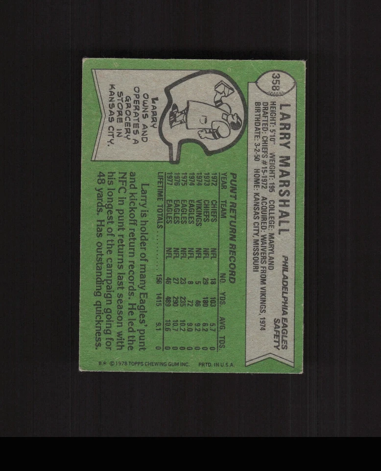 1978 Topps #358 Larry Marshall Football Card Philadelphia Eagles - Image 2 of 2