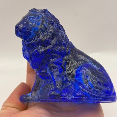 Mosser Glass Cobalt Blue Glass Lion Cat Paperweight Figurine 1980s UV Reactive