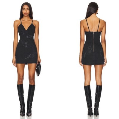 DAVID KOMA Rhinestone Feather Cami Sequin Embellished Denim Mini Dress Size 4