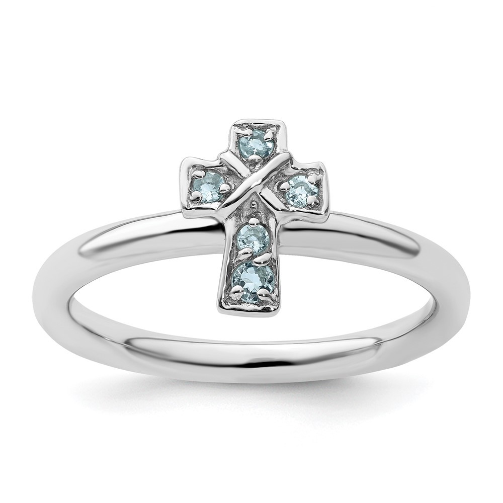 925 Sterling Silver Stackable Expressions Rhodium Aquamarine Cross Ring Size 5