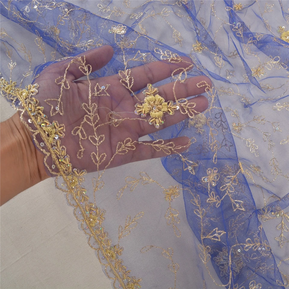 Estola de lentejuelas Zardozi con cuentas a mano azul malla red Dupatta de colección sánscriti Foto 2 de 4