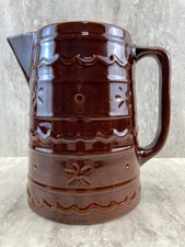 Vintage Marcrest Stoneware Ovenware Pitcher Daisy Dot Dark Brown Glaze 8" Tall