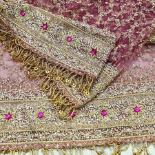 Vintage Heavy Pink Dupatta Hand Embroidered Net  Tissue Mesh Zardozi Veil Hijab