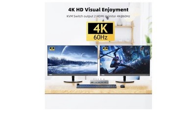 KCEVE DP HDMI USB 3.0 KVM Switch 2 Computer 2 Monitors, Dual Monitor - Black 4k