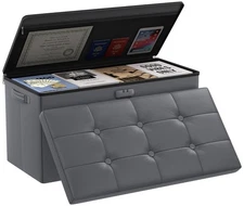 30" Storage Ottoman Bench with Lock Fireproof Folding Chest Stool Leather Gray