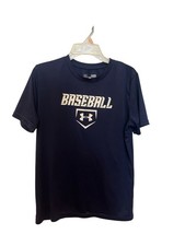 Boy  s Under Armour Sz YL Shirt Loose Fit Heatgear Navy White Graphic Large