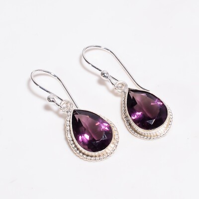 Natural Amethyst Gemstone Drop/Dangle Ethnic Earrings 925 Sterling Silver