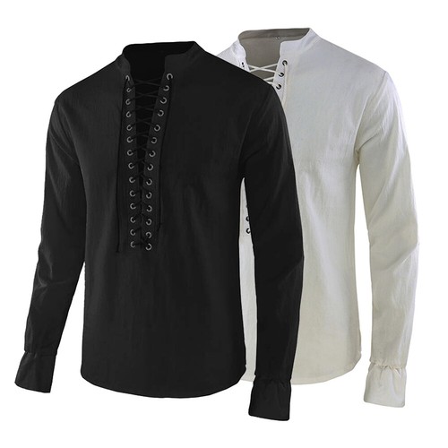 Herren Piraten Schnür T-Shirt Tops Langarm Top Shirt mittelalterlich viktorianisch schmal - Bild 2 von 14