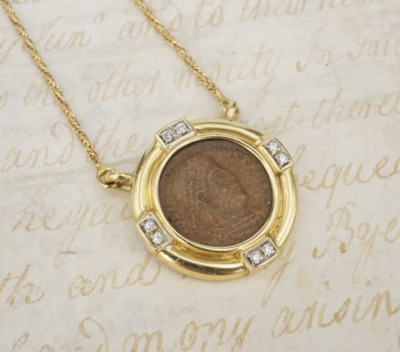 18k Gold Roman Emperial Jovianus Coin Natural Diamond Necklace 20'' 363 AD NG1734