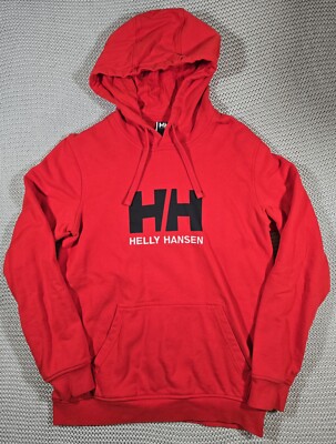Helly Hansen Pullover Hoodie Men Sz M Red Drawstring Graphic Sweatshirt 