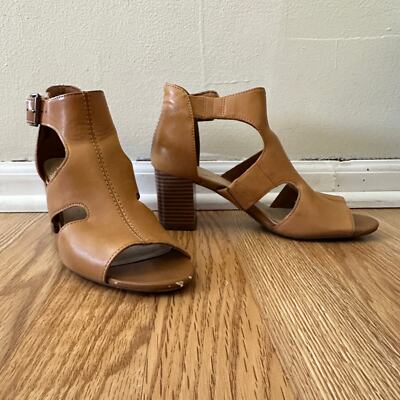 Clarks Womens 8.5M Deva Heidi Tan Leather Ankle Strap Heels Sandals Boho 