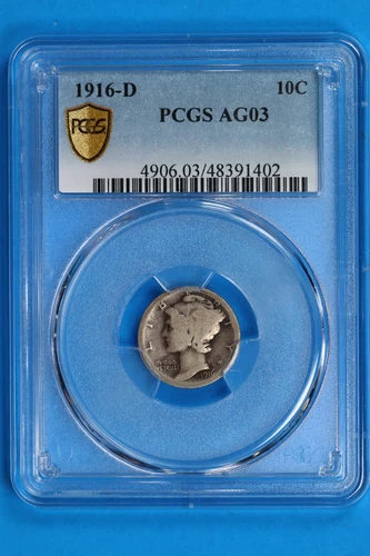 1916-D 10c SILVER LIBERTY MERCURY DIME PCGS AG3 KEY DATE ABOUT GOOD C-002