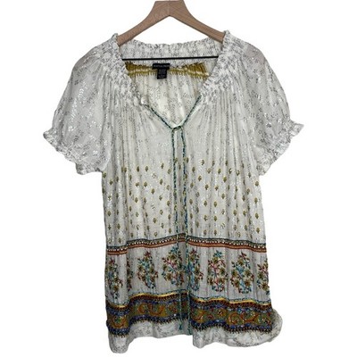 BOSTON PROPER Blouse Large White Bohemian Embellished Tie Front Flowy Resort