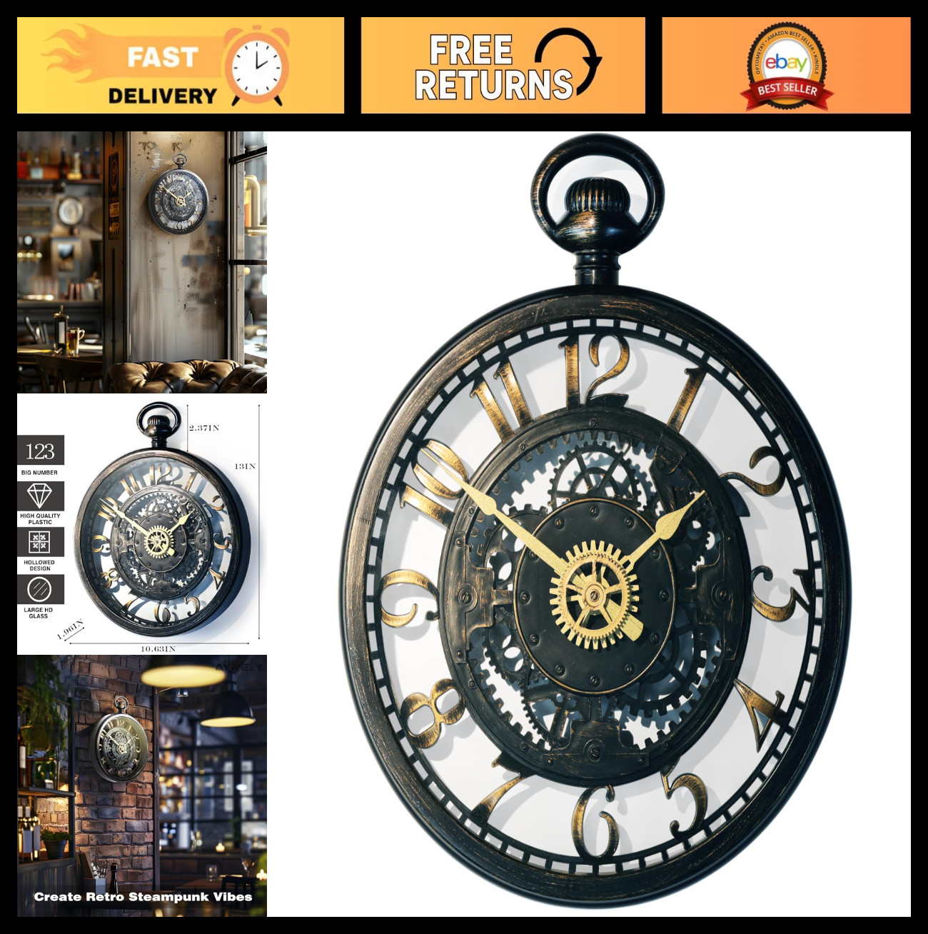 Oversized 3D Steampunk Wall Clock - Vintage Industrial Decor