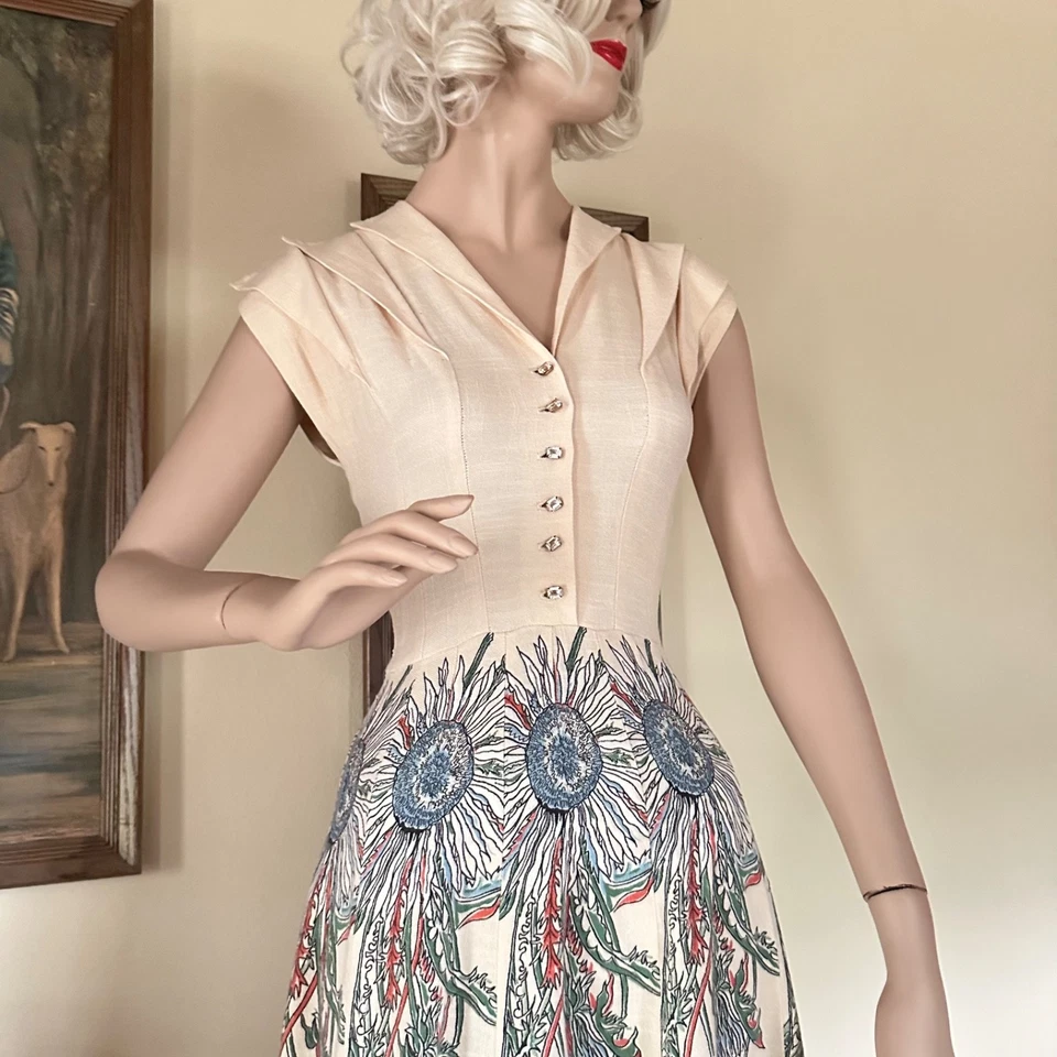 Vestido de Día Cintura Camisa Estampado Novedad Girasoles Atómicos Años 50 De Colección XS Foto 3 de 4