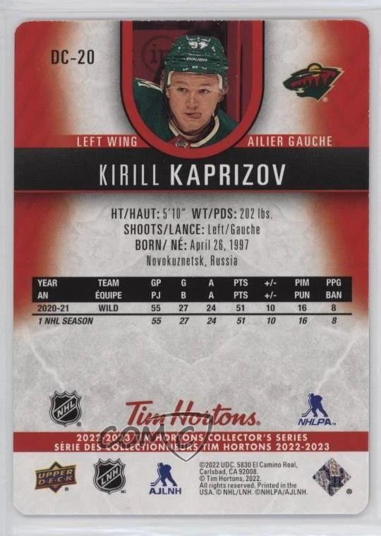 2022-23 Upper Deck Tim Hortons Collector's Series Red Die-Cuts Kirill Kaprizov - Image 2 of 2