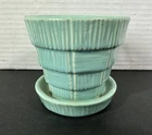 Mid Century McCoy Pottery Basket Weave Aqua Flower Pot USA Planter Saucer 3.25"